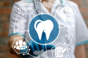 A graphical tooth icon clicked by a woman, a tablet, a pen, a notepad, a couple of clinic people icons, and text about a dental clinic surrounding the icon